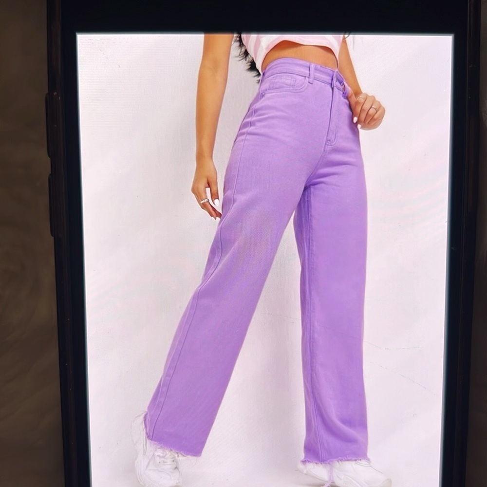 SHIEN ~ Lilac Purple High Waist Raw Hem Wide Leg Jeans . Brand New
